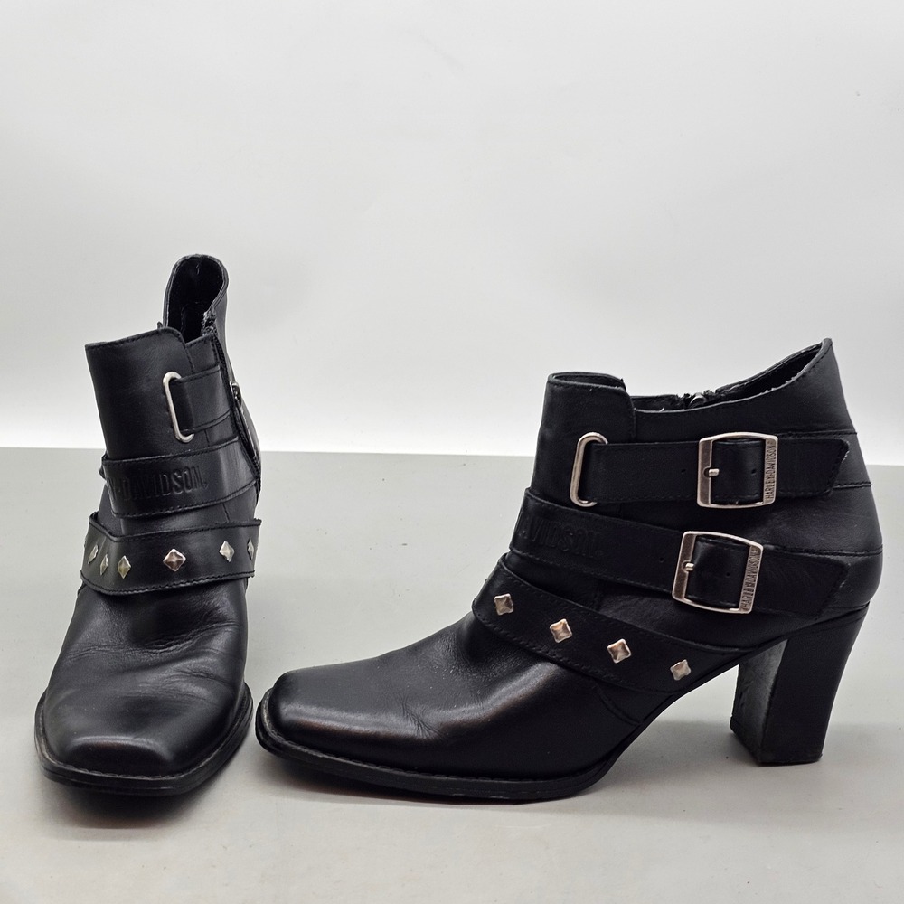 Harley Davidson Women Black Leather Studded Buckle Heeled Ankle Boots D84507 8.5
